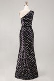 Black and White Polka Dots Long Satin Prom Dress with Slit