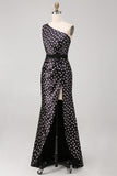 Black and White Polka Dots Long Satin Prom Dress with Slit