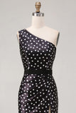 Black and White Polka Dots Long Satin Prom Dress with Slit