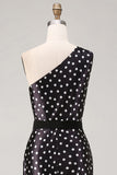 Black and White Polka Dots Long Satin Prom Dress with Slit