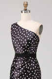 Black and White Polka Dots Long Satin Prom Dress with Slit