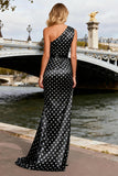 Black and White Polka Dots Long Satin Prom Dress with Slit