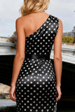 Black and White Polka Dots Long Satin Prom Dress with Slit