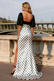 Black and White Satin Polka Dots Long Prom Dress with Sleeves
