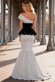 Black and White Polka Dots Mermaid Satin Asymmetrical Long Prom Dress