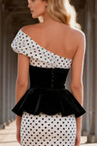 Black and White Polka Dots Mermaid Satin Asymmetrical Long Prom Dress