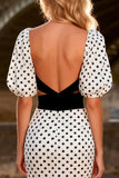 Black and White Polka Dots Puff Sleeves Mermaid Long Prom Dress with Slit