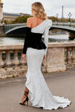 Black and White Mermaid Polka Dots Satin Long Prom Dress with Sleeves