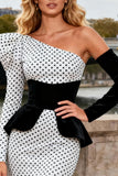 Black and White Mermaid Polka Dots Satin Long Prom Dress with Sleeves