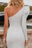 Black and White Mermaid Polka Dots Satin Long Prom Dress with Sleeves