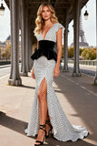 Black and White Polka Satin Dots V-Neck Long Prom Dress with Slit