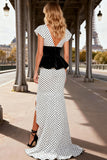 Black and White Polka Satin Dots V-Neck Long Prom Dress with Slit