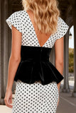 Black and White Polka Satin Dots V-Neck Long Prom Dress with Slit