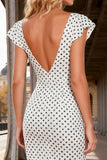 Black and White Polka Satin Dots V-Neck Long Prom Dress with Slit