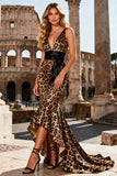 Khaki Leopard Print V-Neck Asymmetrical Mermaid Prom Dress with Ruffles
