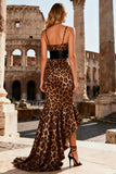 Khaki Leopard Print V-Neck Asymmetrical Mermaid Prom Dress with Ruffles