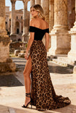 Sparkly Khaki Leopard Print Beaded Mermaid Long Prom Dress with Slit