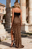 Khaki Leopard Print Strapless Sheath Long Corset Prom Dress with Ruffles