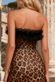 Khaki Leopard Print Strapless Sheath Long Corset Prom Dress with Ruffles