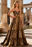Khaki Leopard Print Spaghetti Straps A Line Long Prom Dress