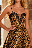 Khaki Leopard Print Spaghetti Straps A Line Long Prom Dress