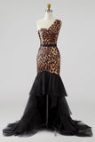 Khaki Leopard Print One Shoulder Mermaid Long Prom Dress