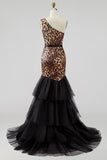 Khaki Leopard Print One Shoulder Mermaid Long Prom Dress