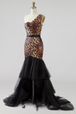 Khaki Leopard Print One Shoulder Mermaid Long Prom Dress
