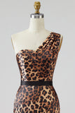 Khaki Leopard Print One Shoulder Mermaid Long Prom Dress