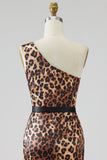 Khaki Leopard Print One Shoulder Mermaid Long Prom Dress