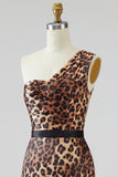 Khaki Leopard Print One Shoulder Mermaid Long Prom Dress