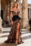 Sparkly Khaki Leopard Print Ruffled Sheath Long Prom Dress with Slit