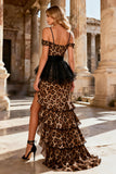 Sparkly Khaki Leopard Print Ruffled Sheath Long Prom Dress with Slit