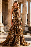 Khaki Leopard Print Mermaid Halter Neck Long Prom Dress with Ruffles