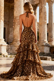 Khaki Leopard Print Mermaid Halter Neck Long Prom Dress with Ruffles