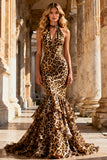 Khaki Leopard Print Chiffon Mermaid Tiered Long Prom Dress with Ruffles