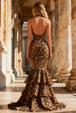 Khaki Leopard Print Chiffon Mermaid Tiered Long Prom Dress with Ruffles