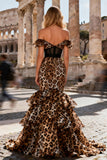 Khaki Leopard Print Mermaid Tiered Long Corset Prom Dress with Ruffles