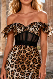 Khaki Leopard Print Mermaid Tiered Long Corset Prom Dress with Ruffles