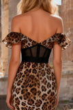 Khaki Leopard Print Mermaid Tiered Long Corset Prom Dress with Ruffles