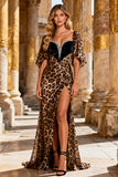 Sparkly Khaki Beaded Leopard Print Long Prom Dress with Slit