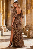 Sparkly Khaki Beaded Leopard Print Long Prom Dress with Slit