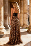 Khaki Leopard Print Sheath Maxi Corset Prom Dress with Slit