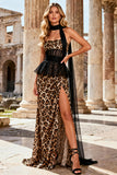 Khaki Leopard Print Strapless Sheath Long Corset Prom Dress with Slit