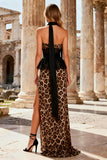 Khaki Leopard Print Strapless Sheath Long Corset Prom Dress with Slit