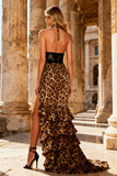 Khaki Leopard Print Mermaid Ruched Long Prom Dress with Ruffles
