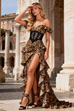 Khaki Leopard Print Off the Shoulder Ruffled Long Prom Dress with Slit