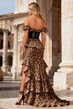 Khaki Leopard Print Off the Shoulder Ruffled Long Prom Dress with Slit