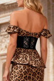 Khaki Leopard Print Off the Shoulder Ruffled Long Prom Dress with Slit