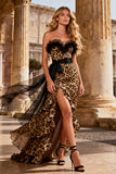 Khaki Leopard Print Chiffon Sweetheart Ruffled Long Prom Dress with Slit